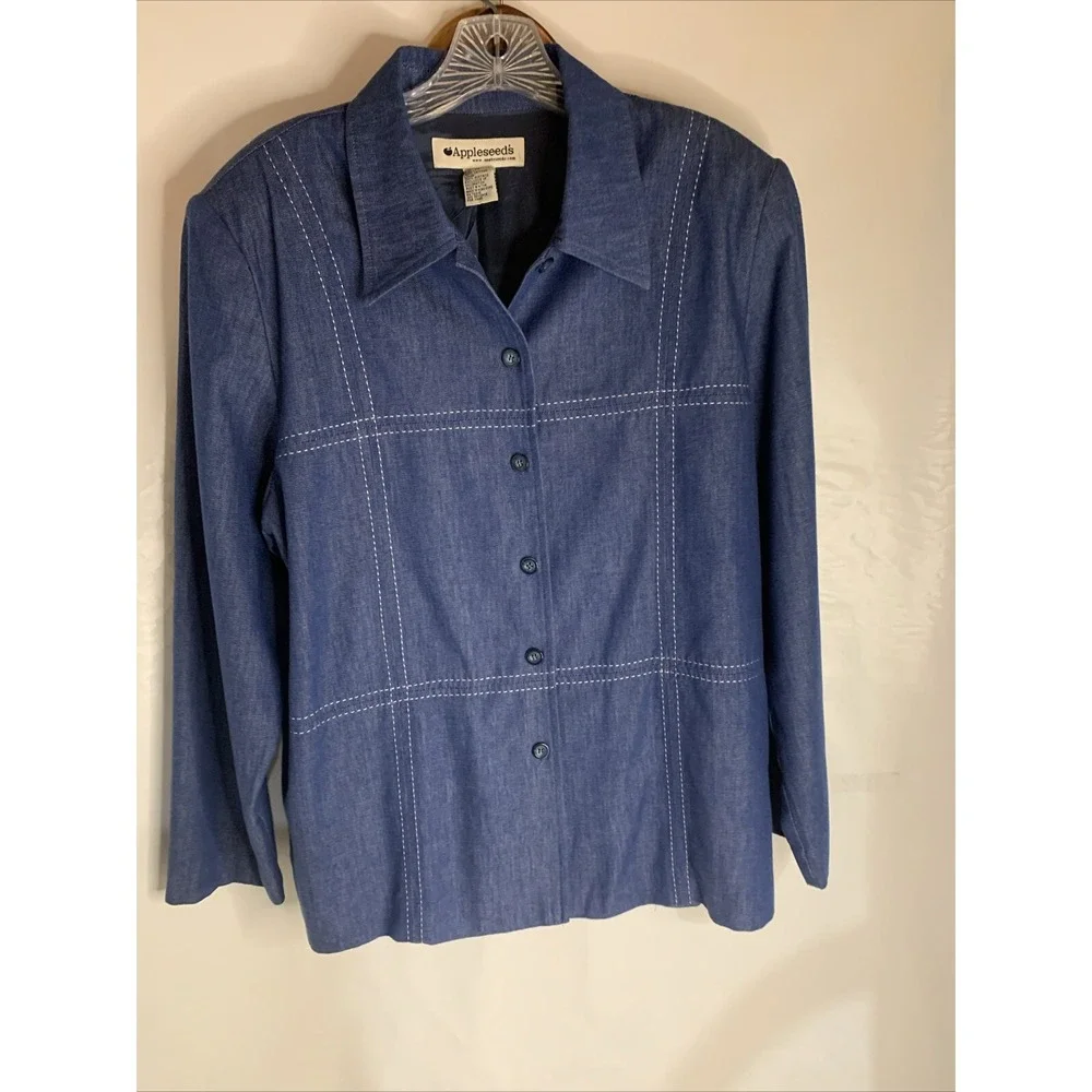 Appleseed's Button Front Navy Blue Blazer Jacket W/Pockets Size 14 Woman's Cotto